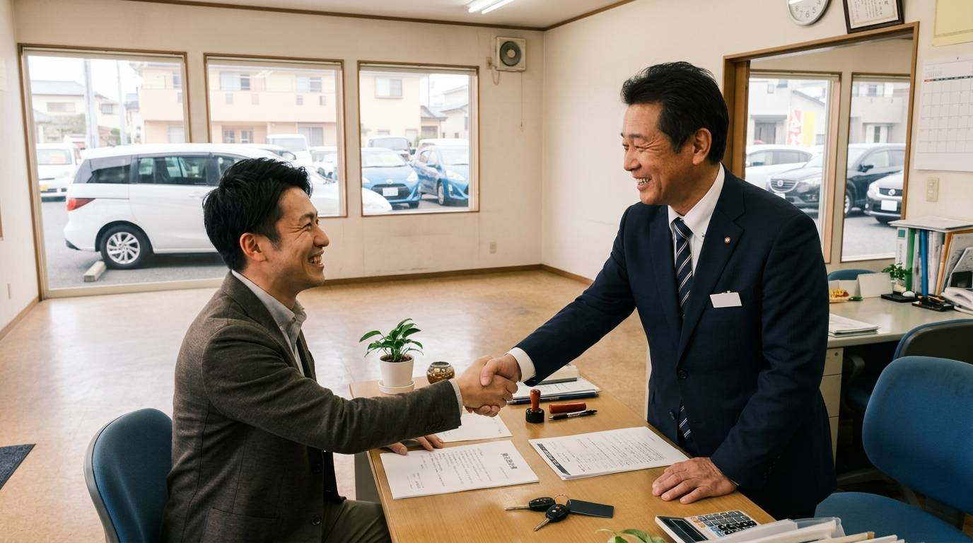 中古車販売店で成立した自社ローン契約の場面
