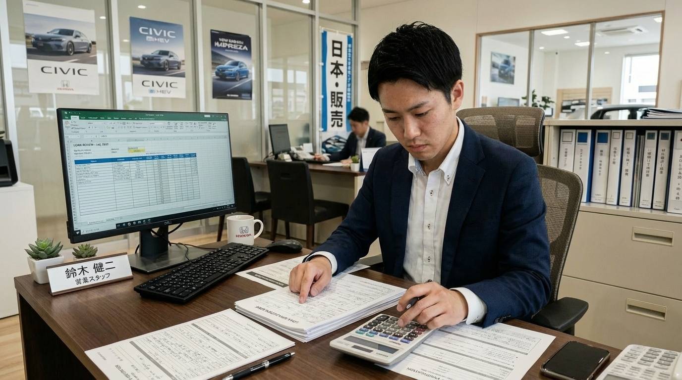 申請書類を確認して審査を行っているカーディーラーの場面