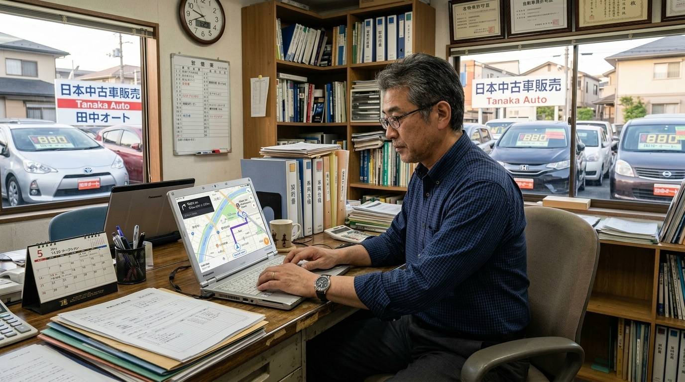 エンジン停止機能付きGPSシステムを比較検討している場面