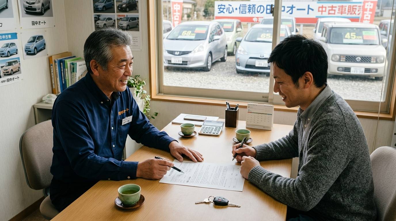 複数台のGPS管理ダッシュボードを確認している自社ローン販売店の場面