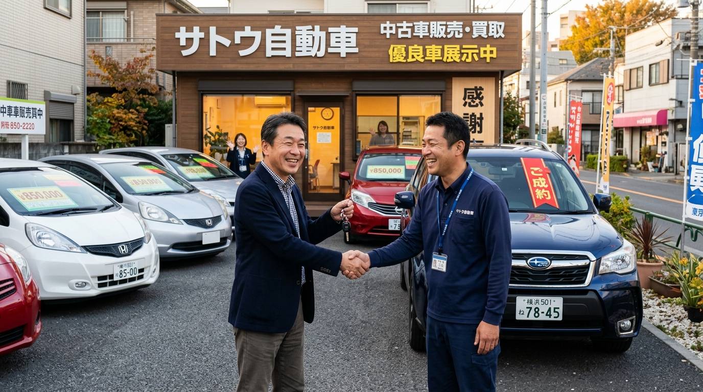 競合の少ない顧客層に自社ローンで差別化している中古車販売店の場面