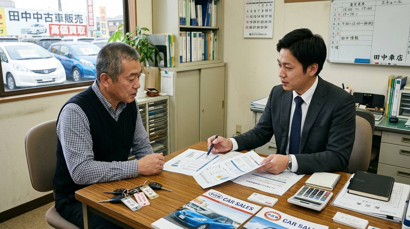 中古車在庫の回転率を管理して資金効率を高めている場面