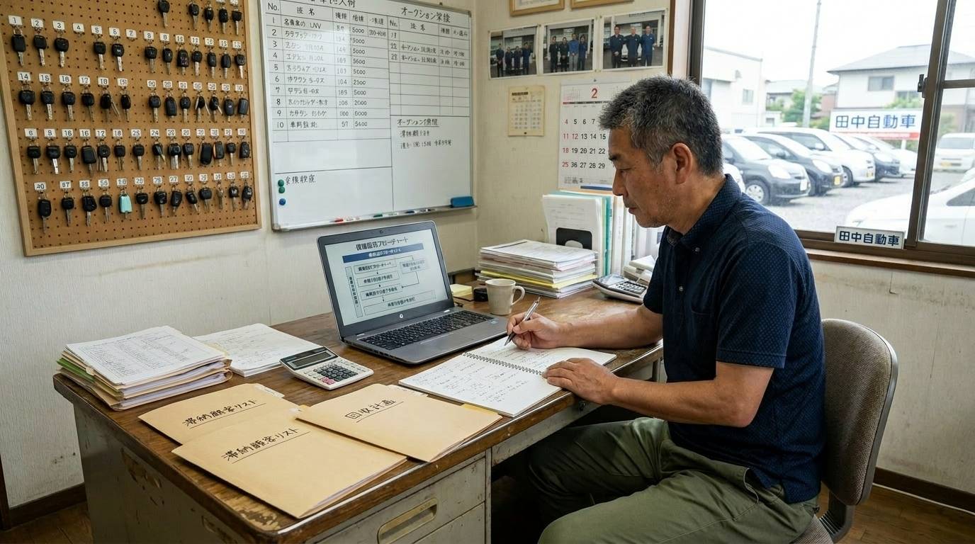 自社ローンの回収対策フローを設計している販売店スタッフの場面