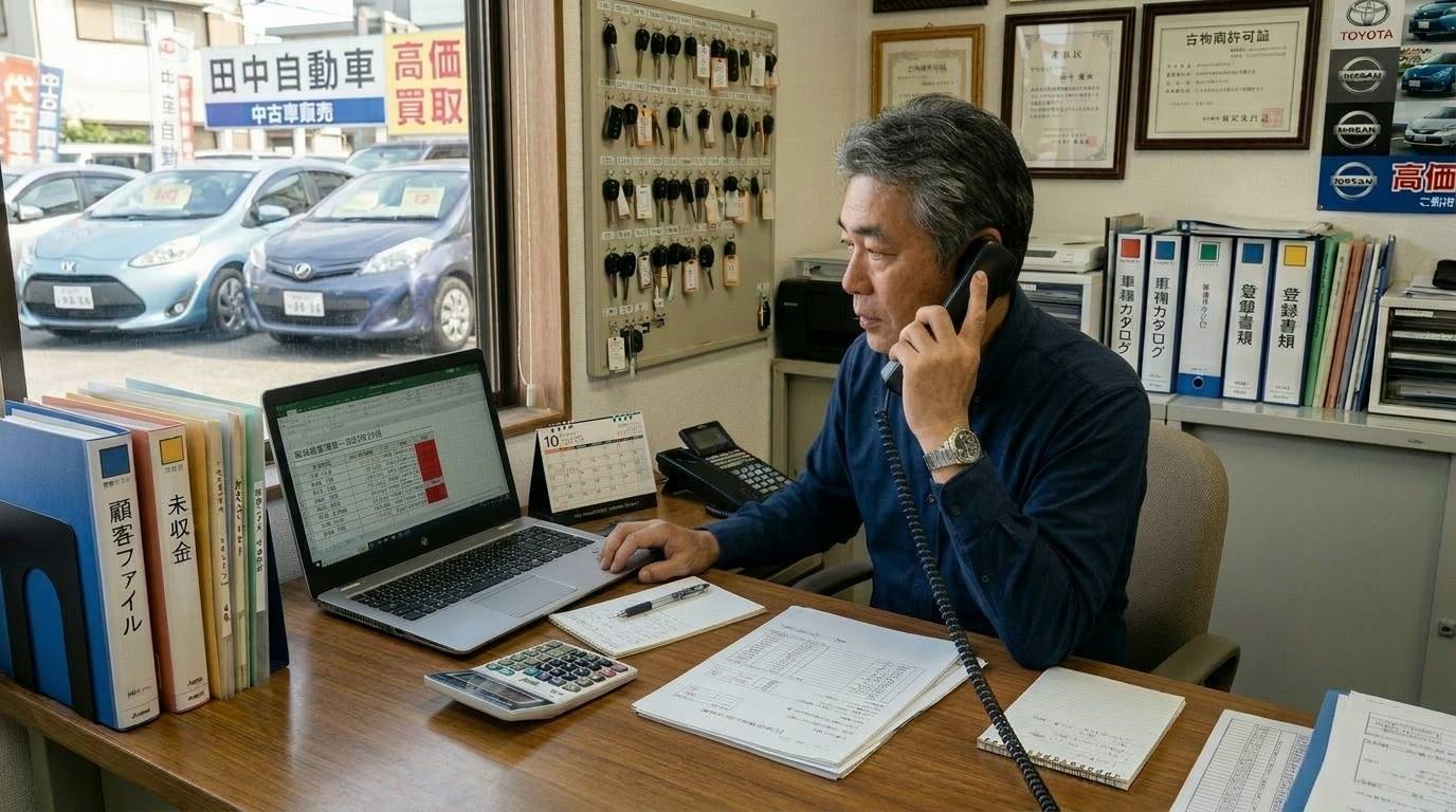 GPSで車両位置を確認して訪問回収の準備をしている場面