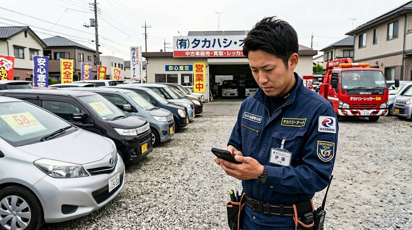 14日以上滞納した自社ローン顧客の車両をレッカーで回収している場面