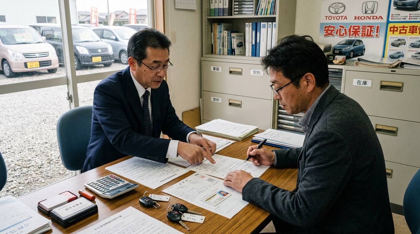 自社ローンの契約書を2人で確認して署名している場面