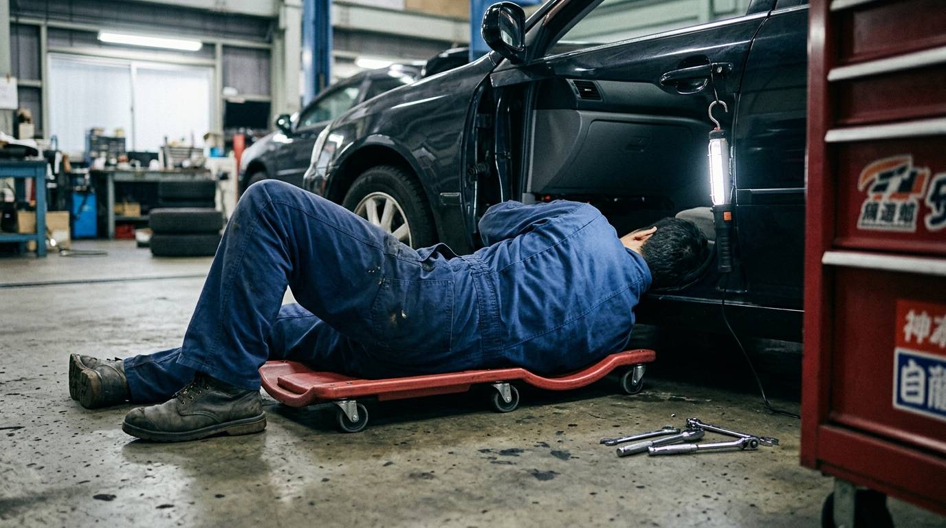 GPS端末を車両に取り付けているメカニックの場面