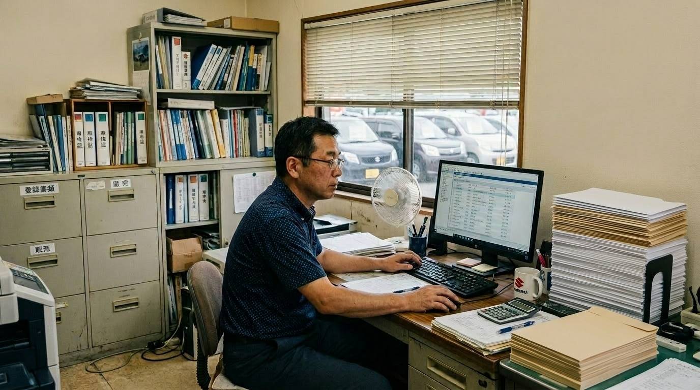 自社ローンを軸にした中古車販売の収益モデルを設計している場面