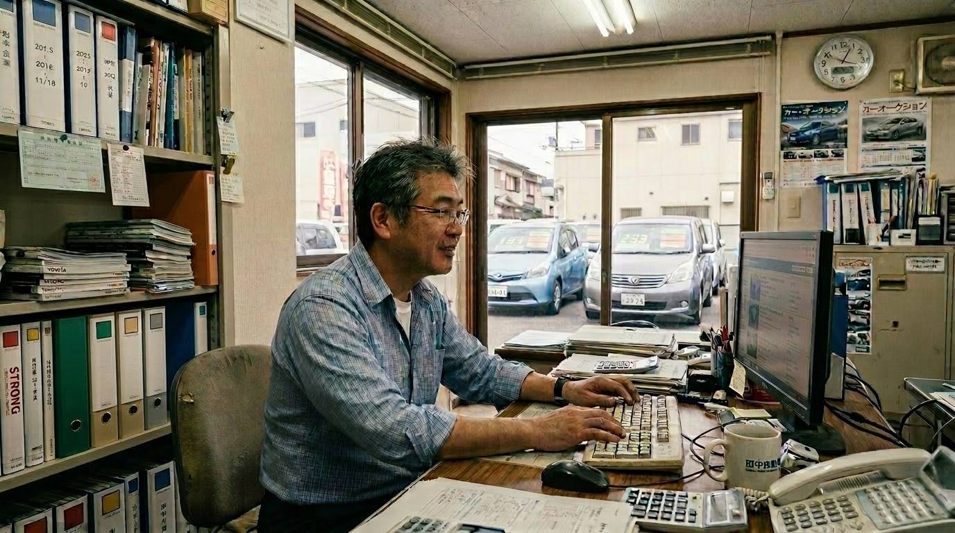 自社ローン向けの在庫戦略を立案している中古車販売店の場面