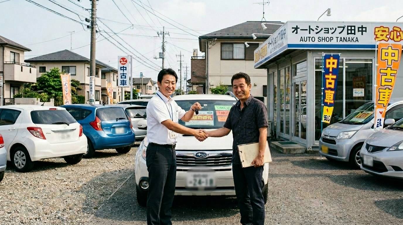 現金販売と自社ローン販売のバランスを最適化している中古車販売店の場面